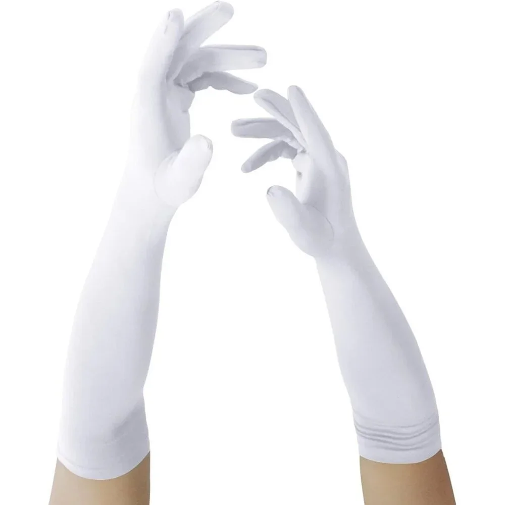 Women's White Elbow Length Fabric Satin Gloves Halloween Costume Accessories